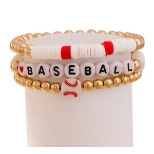 Baseball Bracelet Set Womens OS Gold White‎ Red Beaded Stretch 3pc New